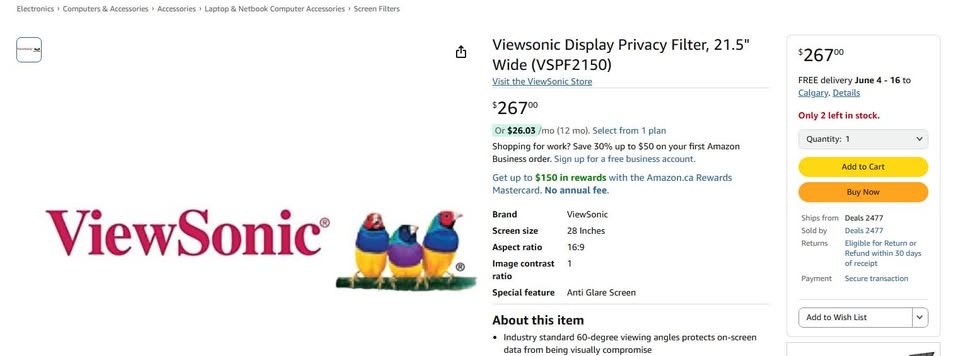 Viewsonic Display Privacy Filter, 21.5" Wide (VSPF2150) - photo 4