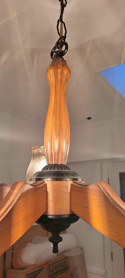 Vintage oak or teak MCM antique wooden chandelier