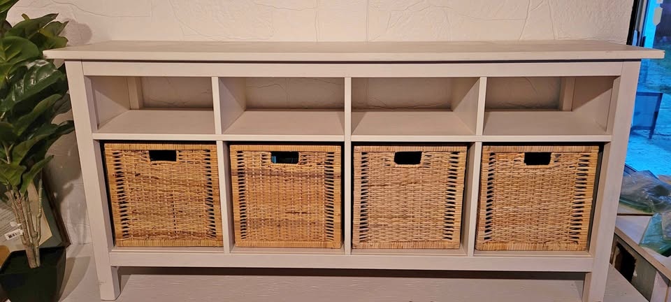 Rustic real wood shelving unit with baskets