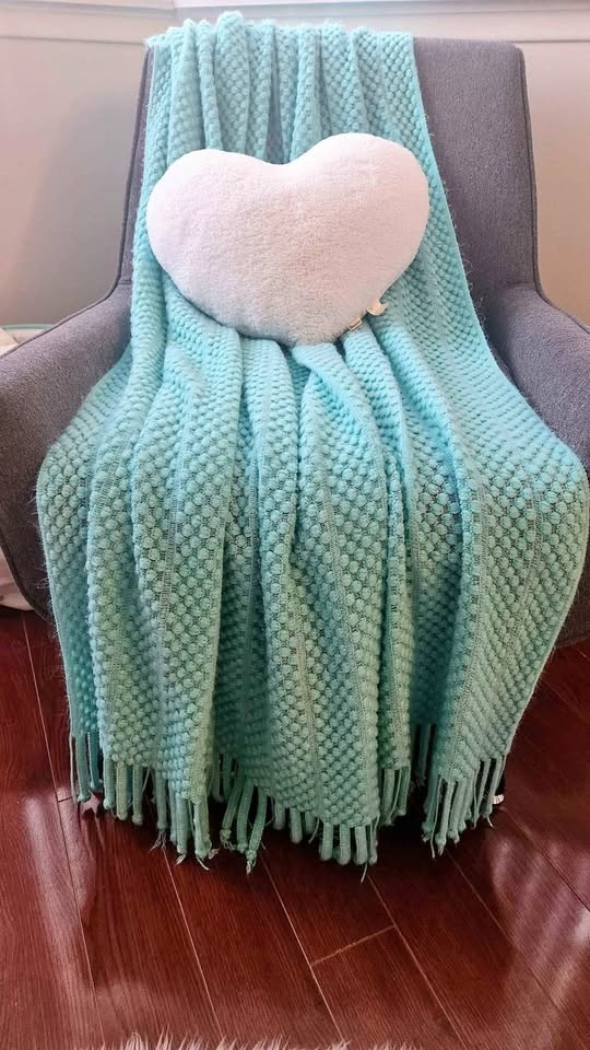 Bouclair teal turquoise throw and white heart pillow