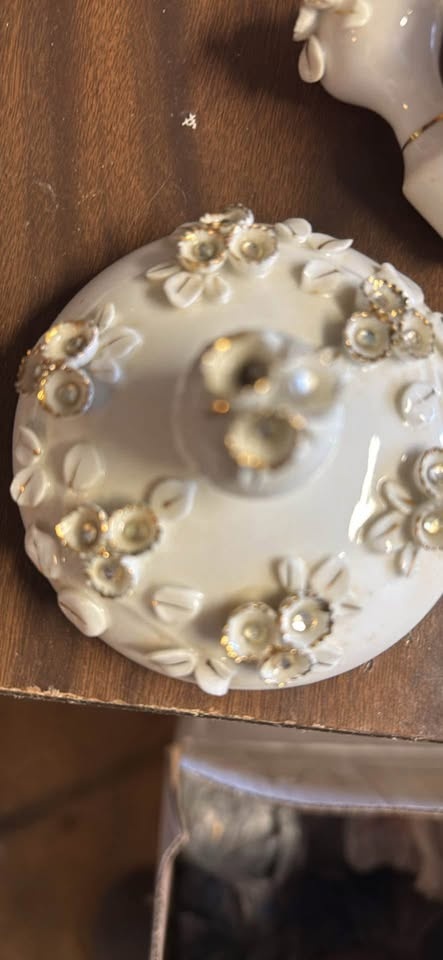 White Lefton Vanity set 2 perfume & 1 Powder jar w/rhinestones - photo 5