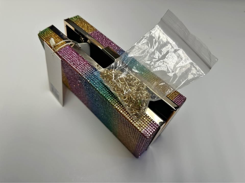 Rainbow Rhinestone Crystal Evening Clutch Box Bag w/ Chain