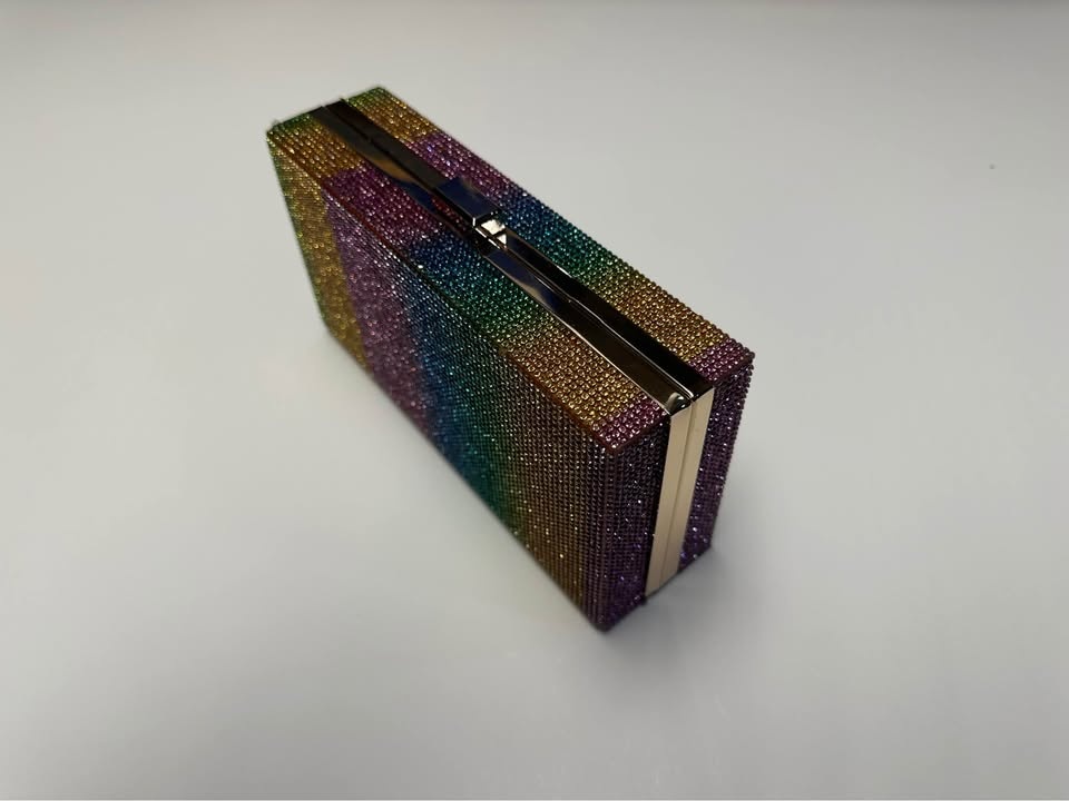 Rainbow Rhinestone Crystal Evening Clutch Box Bag w/ Chain - photo 2