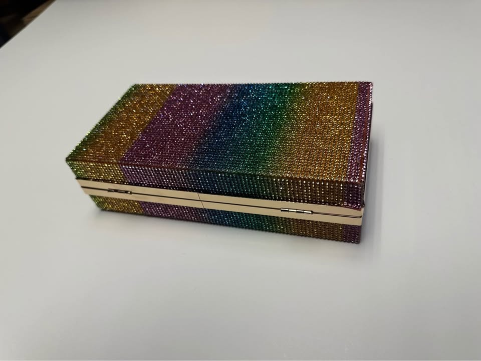 Rainbow Rhinestone Crystal Evening Clutch Box Bag w/ Chain - photo 3
