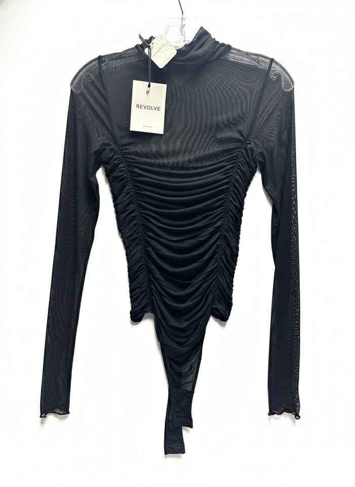 REVOLVE Black Mesh Ruched Long Sleeve Bodysuit