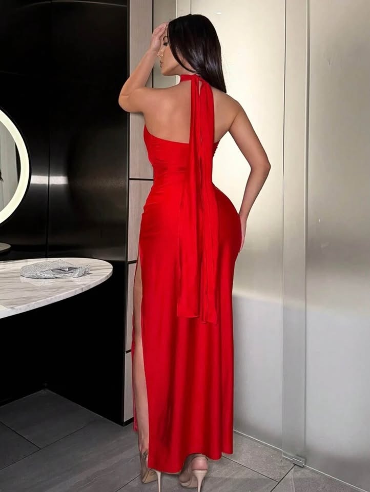 Formal Red Silk-Look Maxi Gown - Floral High Neck & Open Back - photo 2