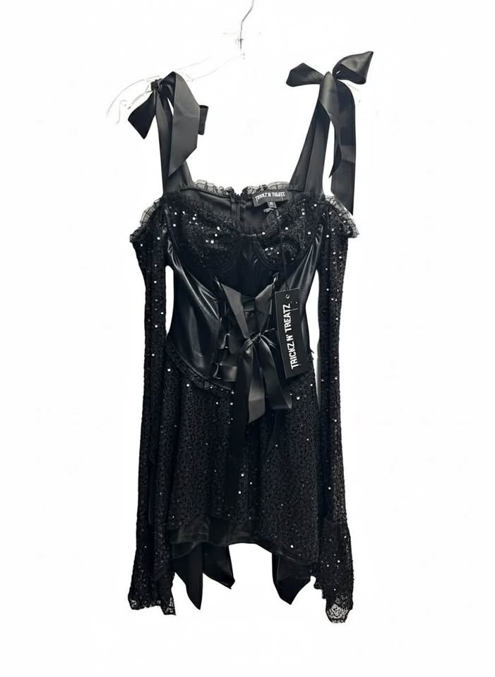 Gothic Black Sequin Lace-Up Corset Mini Dress with Bow Straps