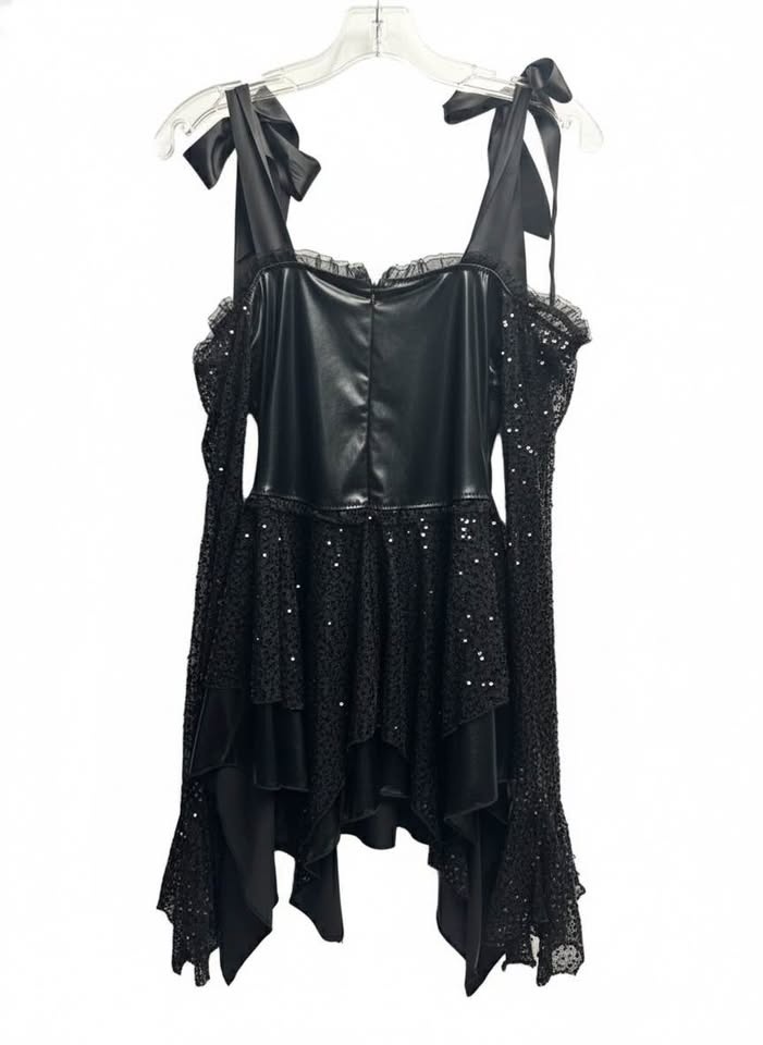 Gothic Black Sequin Lace-Up Corset Mini Dress with Bow Straps - photo 2
