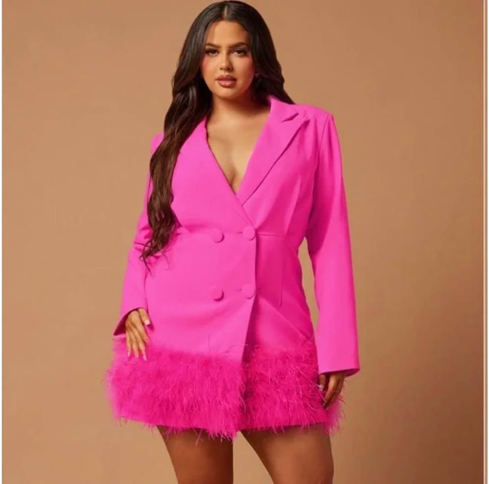 NWT Hot Pink / Fuchsia Feather Trim Blazer Mini Dress - photo 3