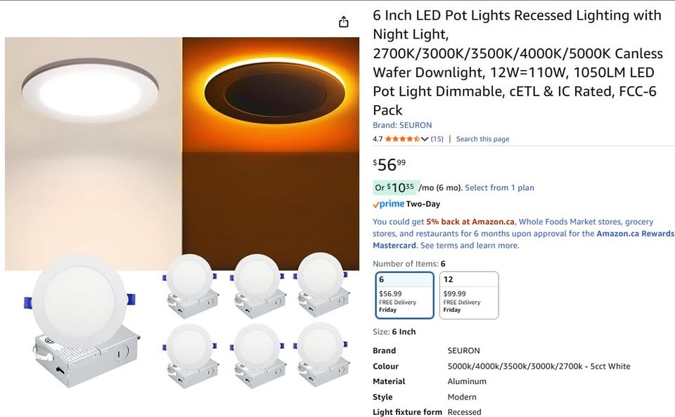 6" LED Pot Lights (6 Pack) + Night Light Mode - photo 2
