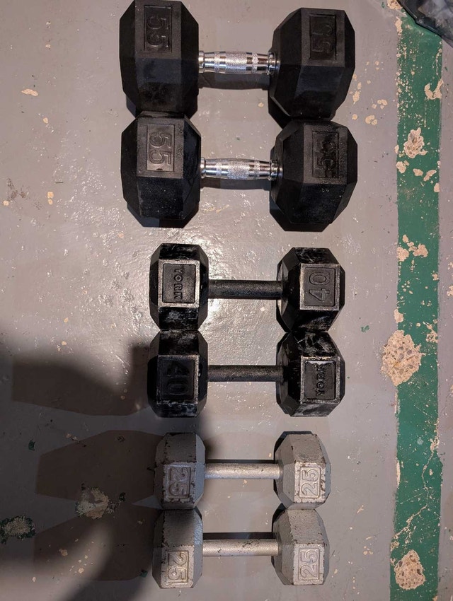 3 pairs of dumbells. 75¢ per pound