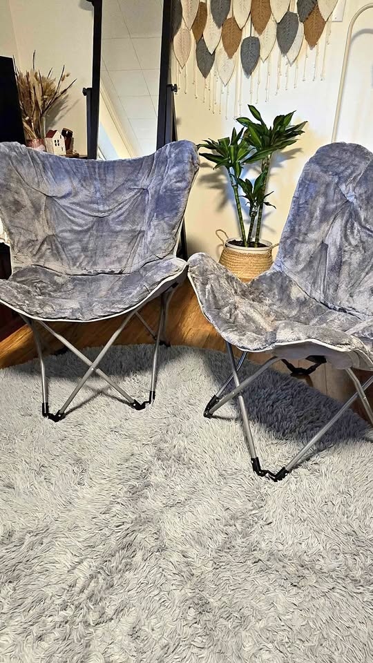 Two butterfly chairs with circle rug