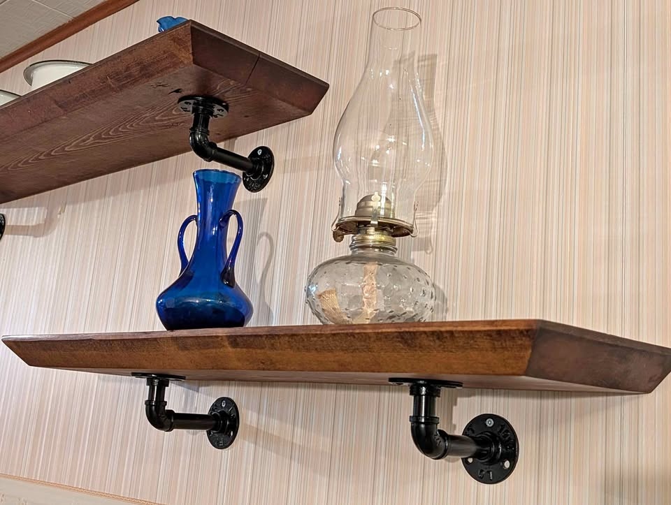Rustic and Unique Pine Shelves-On pipe brackets