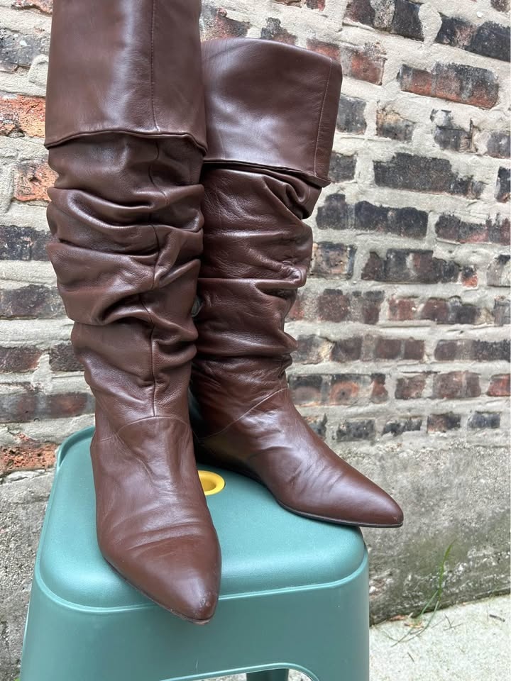 HUGO BOSS Vintage Y2K brown leather knee high boots SIZE 38 US 7 - photo 2