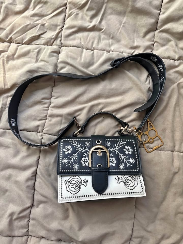 Black and White Botanical stitching Vegan leather Handbag