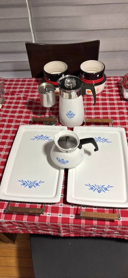 Corningware platters with stands, tea and coffee pots Make
