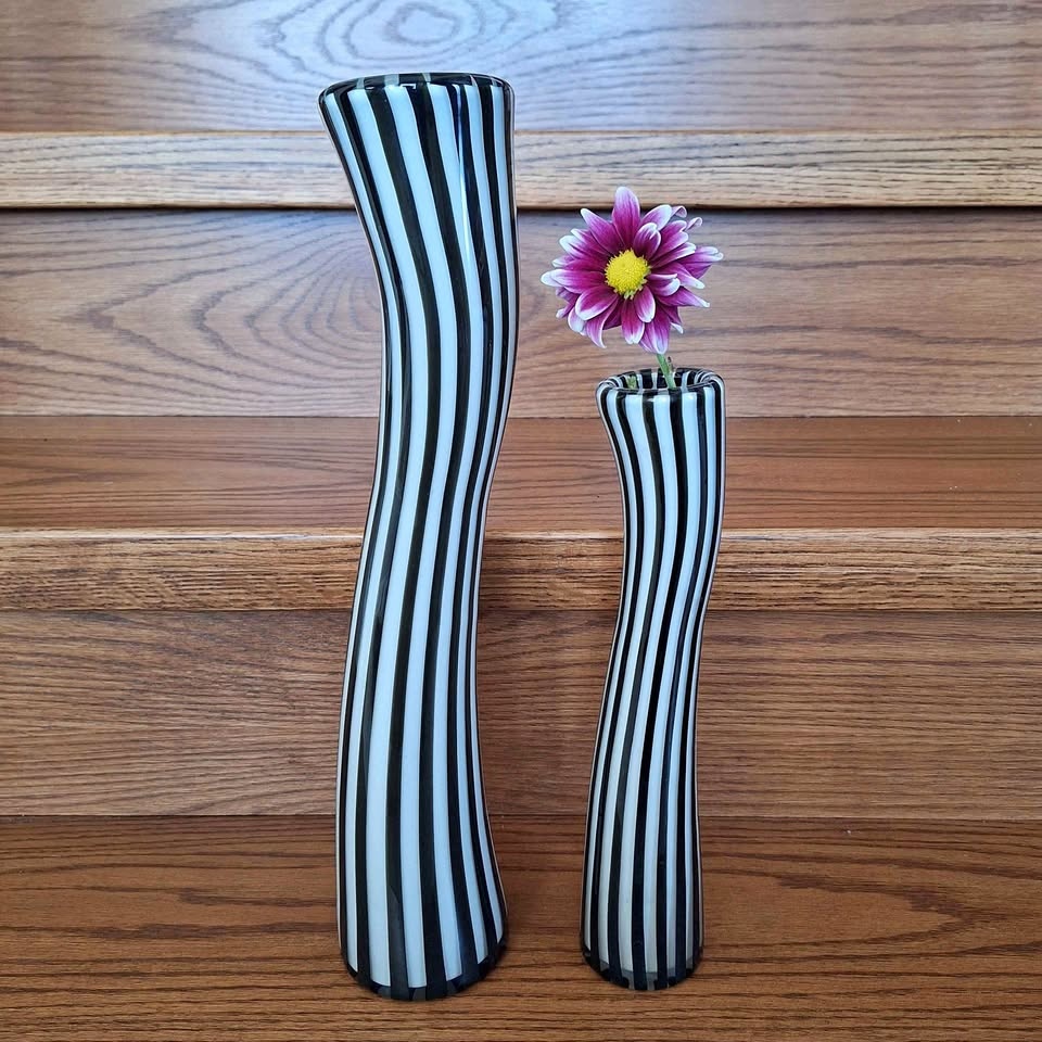 Black and White Striped Glass Vases, Set of 2