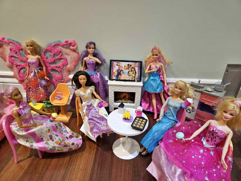 15 Barbie dolls + house accessories