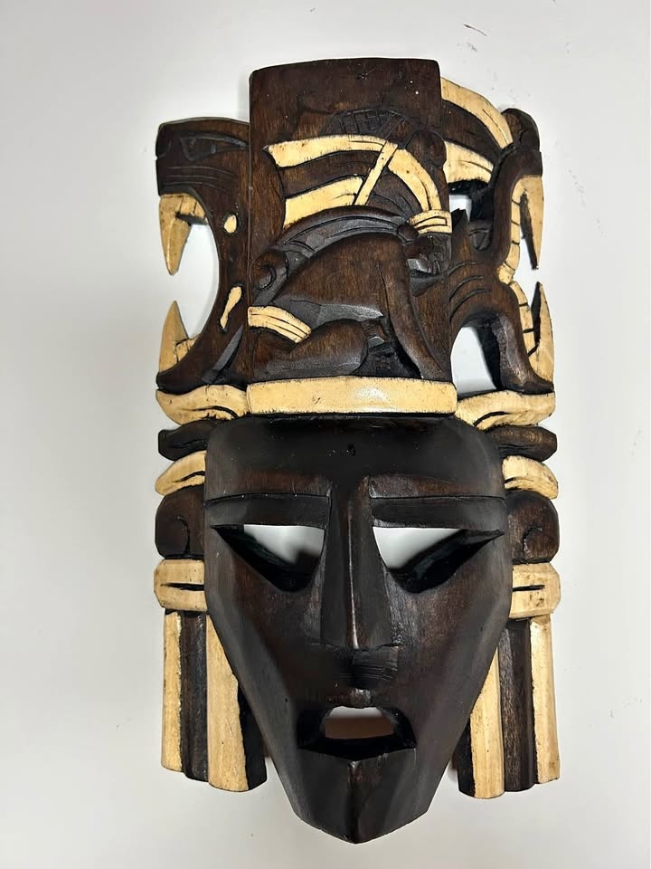 Hand-Carved Wooden Mayan Mask – Jaguar Headdress Wall Art