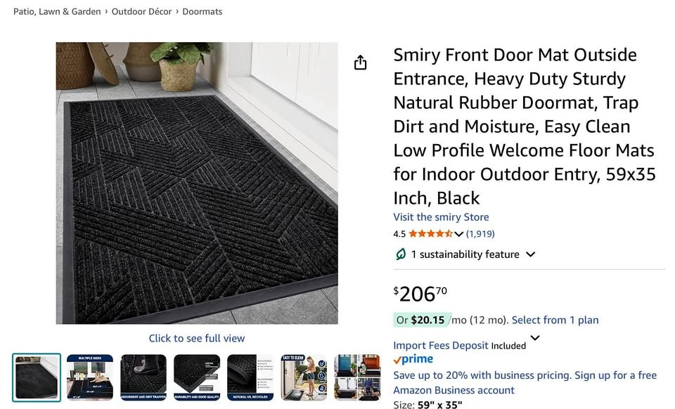 Large INDOOR/Outdoor Rubber Base Mat 3’x5’ Black