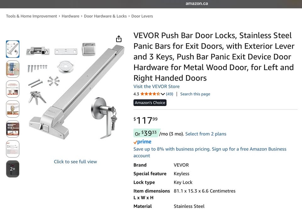 VEVOR Push Bar Door Locks, Stainless Steel Panic Bars