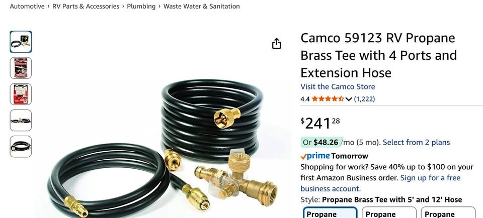 Camco 59123 RV Propane Brass Tee with 4 Ports and Extension Hose
