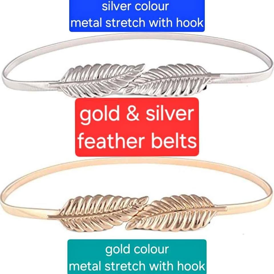 2 Women's Belts - gold & silver feathers with stretch/elastic ba