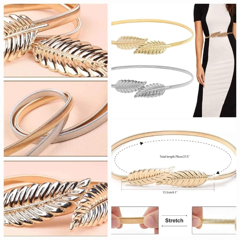 2 Women's Belts - gold & silver feathers with stretch/elastic ba - photo 2