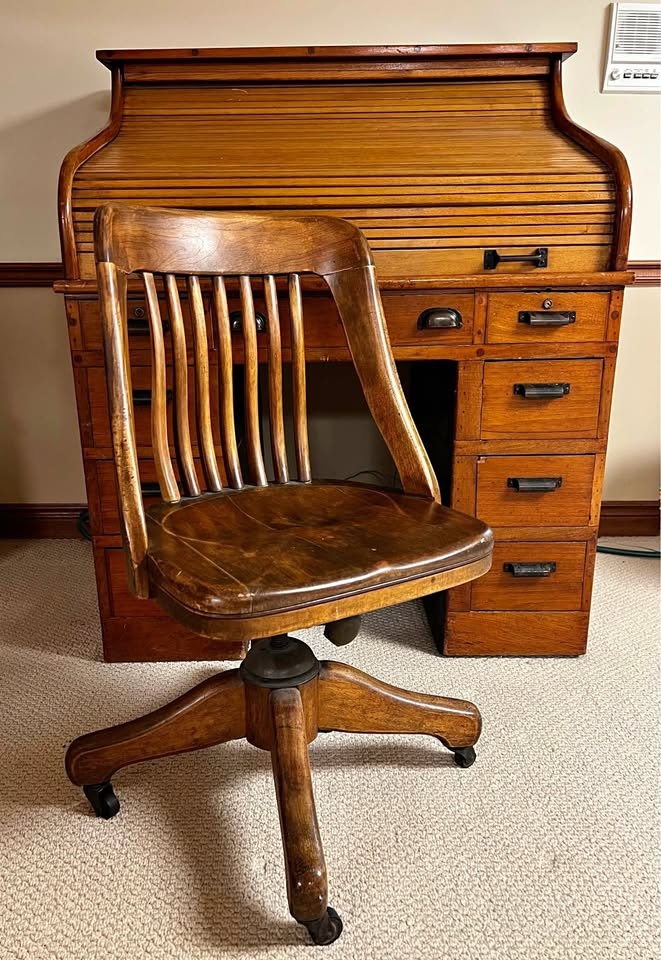 Antique Roll Top Desk & Wood Chair