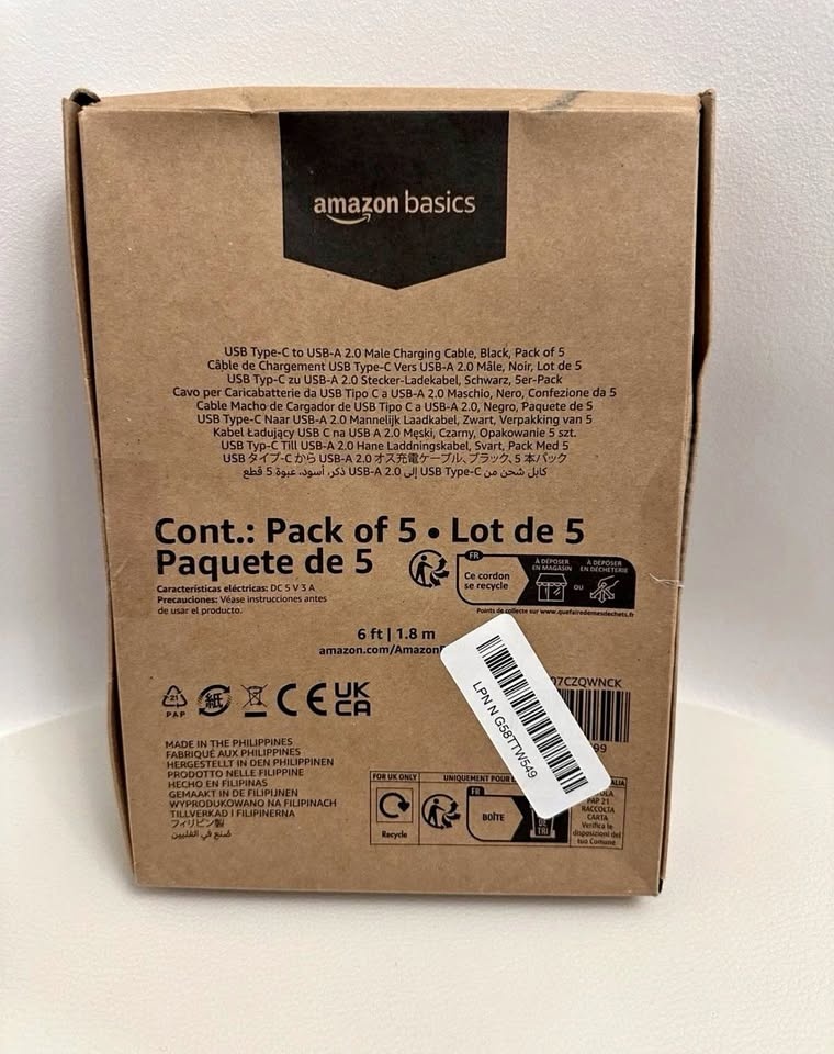 Amazon Basics USB-C to USB-A Cable 6 Ft 5-Pack