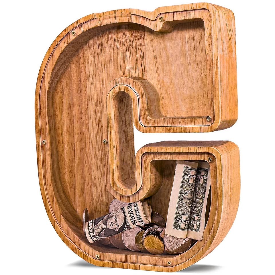 Piggy Bank Wooden Large Letter Initial C Coin Money Box Kids Gif