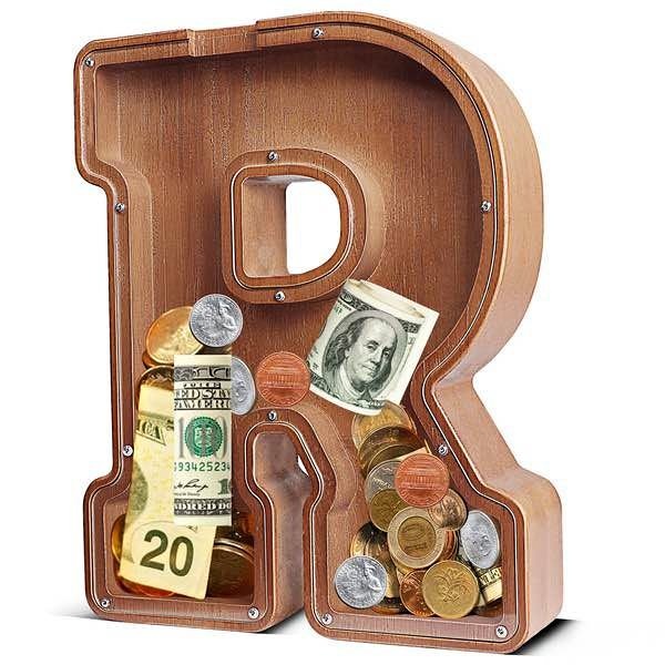 Piggy Bank Wooden Large Letter Initial R Coin Money Box Kids Gif