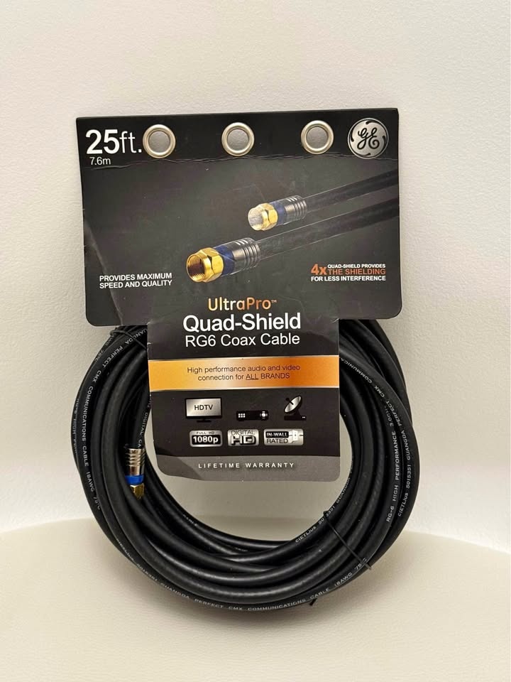 GE RG6 Coax Cable, 25 ft Black Quad Shield