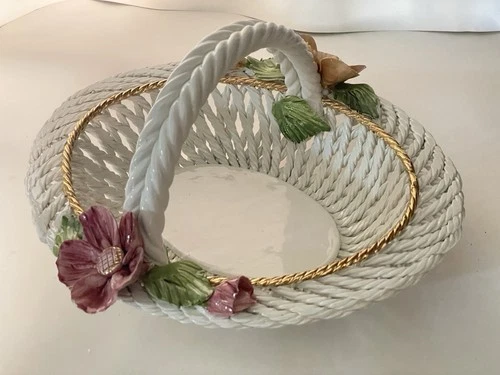 Capodimonte Large Woven Porcelain Floral Basket Vintage Classic