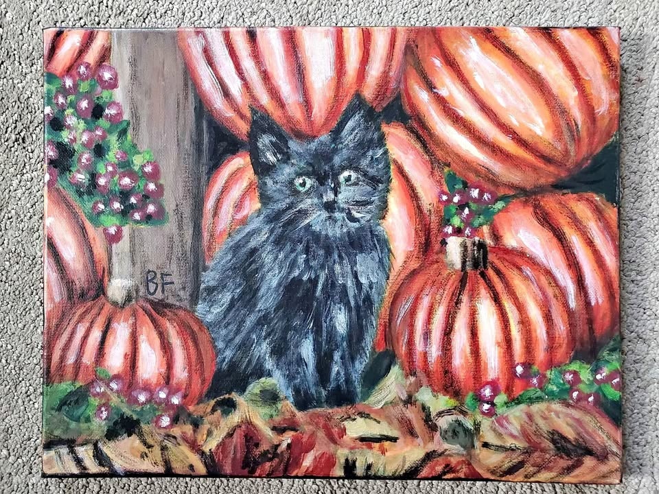 Black Cat with Pumpkins Fall Halloween Acrylic Painting