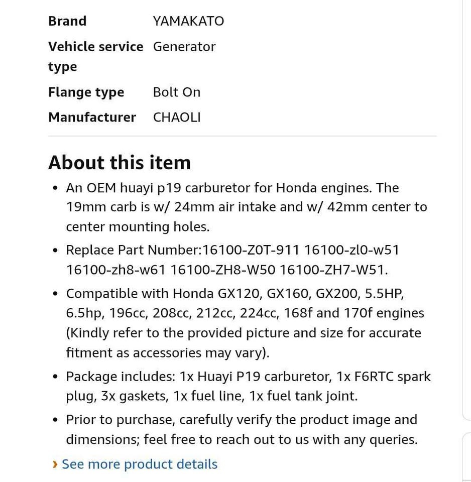 YAMAKATO Huayi P19 Carburetor Kit for Honda GX120 GX200 - photo 4