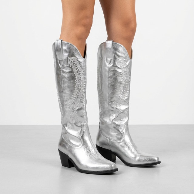 Metallic Silver Knee-High Western Cowboy Boots