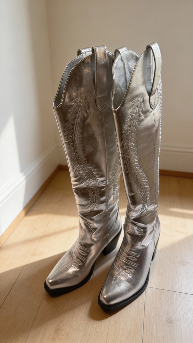 Metallic Silver Knee-High Western Cowboy Boots - photo 2