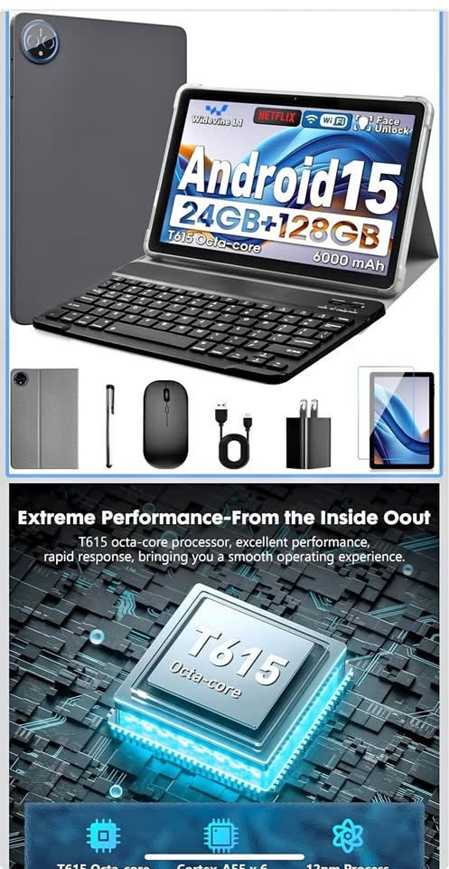 10 Inch Android 15 Tablet, 24GB RAM, 128GB ROM, Open Box