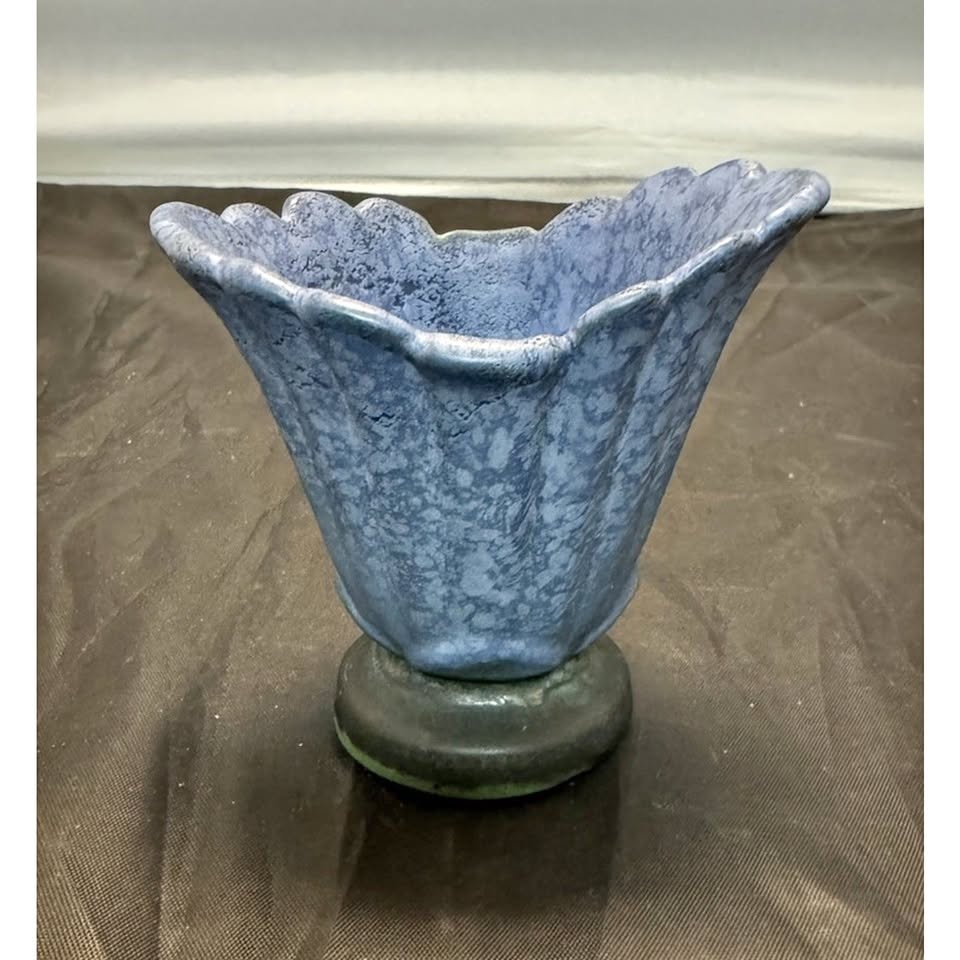 Weller Fan Vase Blue Speckled Top Green Base Signed