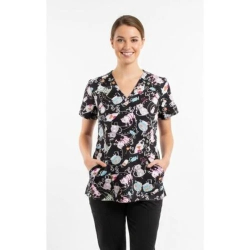 White Cross XS black nurse scrubs top shirt blouse black cats pa