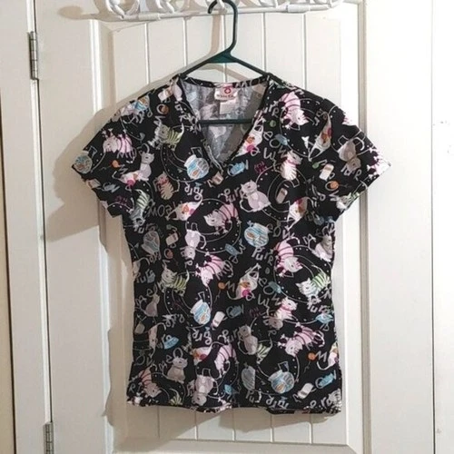 White Cross XS black nurse scrubs top shirt blouse black cats pa - photo 2
