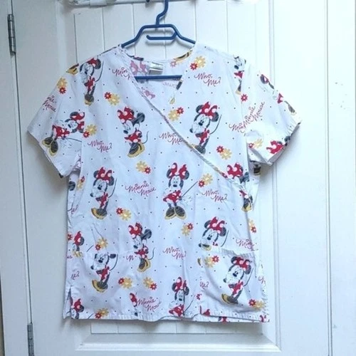 DISNEY Minnie Mouse nurse scrubs top white red yellow gray short