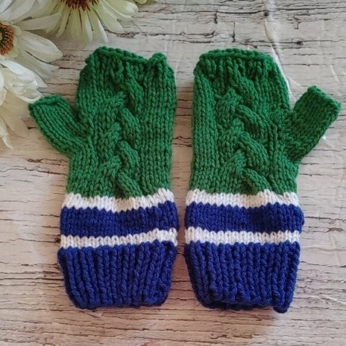 Hand-Knit Blue and Green Fingerless Mittens