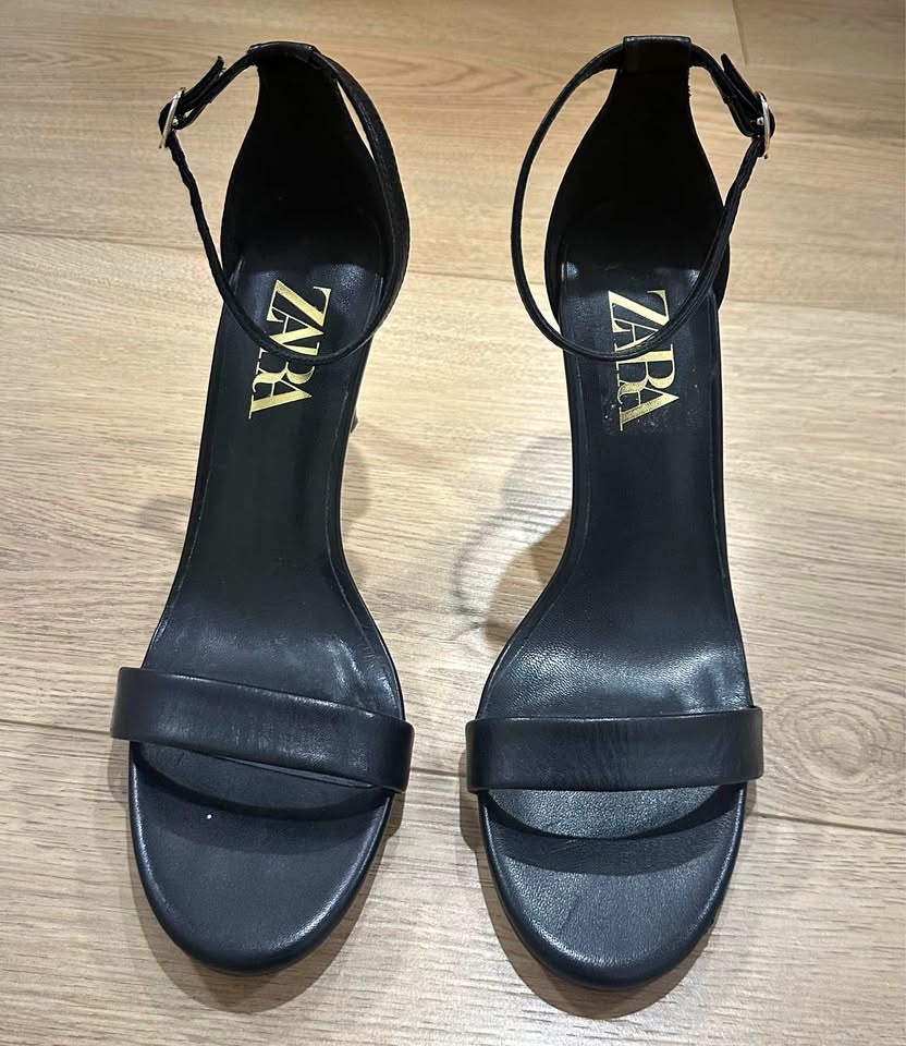 Zara black leather high-heeled sandals with an ankle strap
