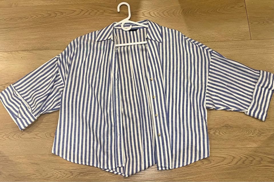 Zara Striped Poplin Shirt With Wide Short Sleeves Oversize Women