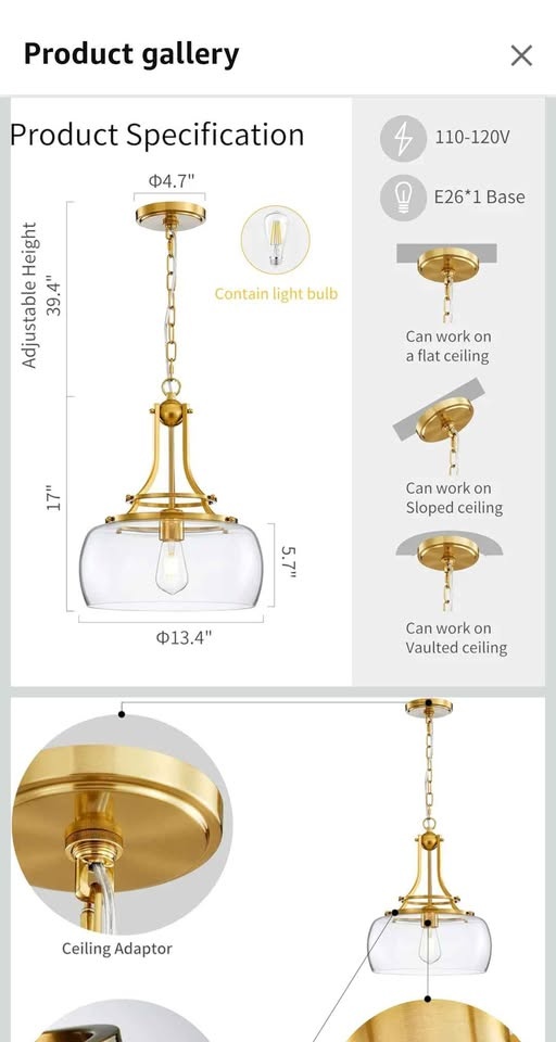 Brand New: WUZUPS® Glass Ceiling Pendant Light - Brushed Gold - photo 2