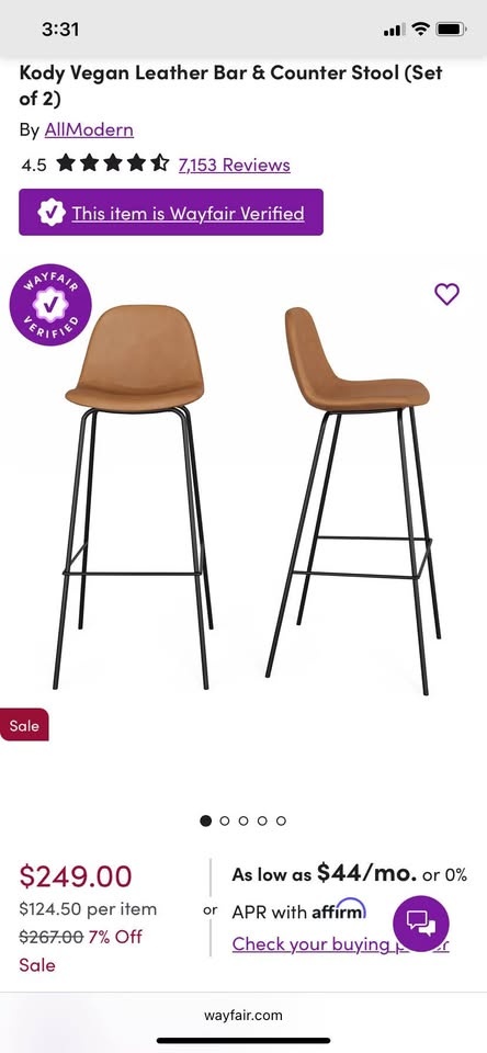 30.5” vegan leather bar stool - photo 3