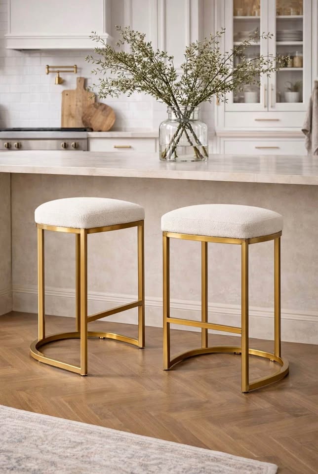 Brushed Brass Upholstered Counter Stools - New (Set of 2)