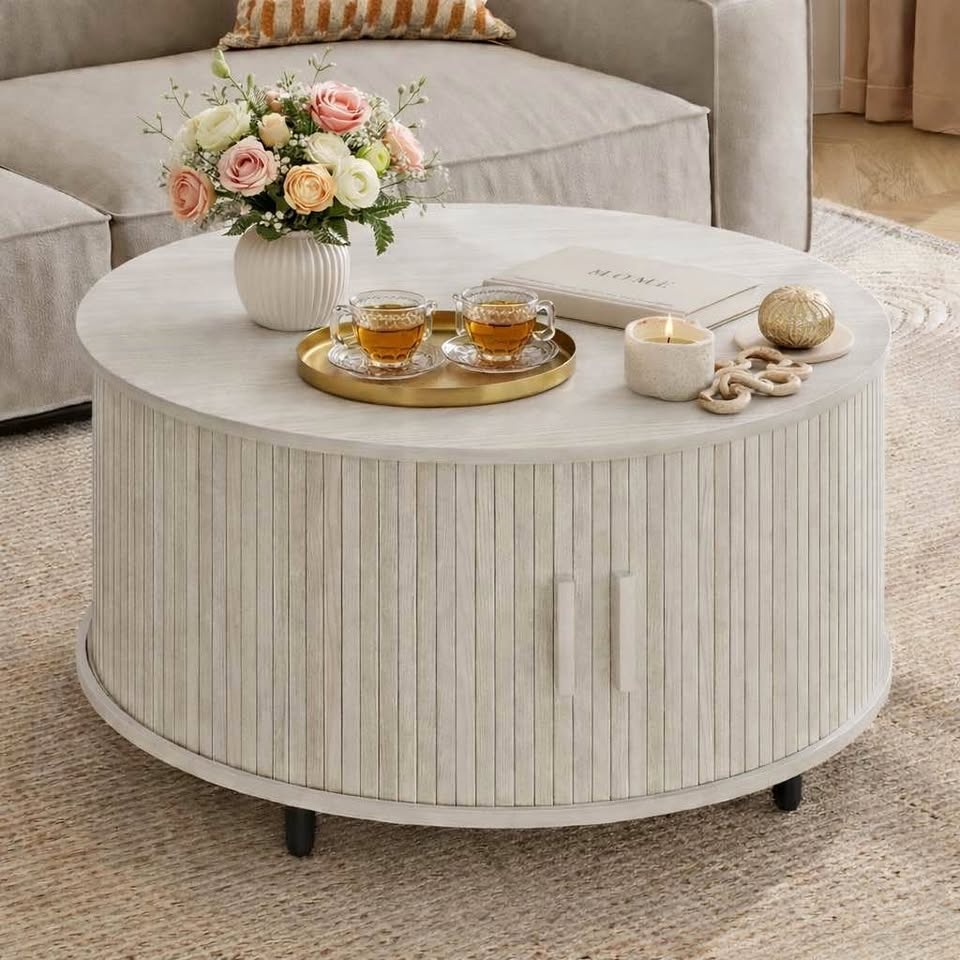 Modern Round Coffee Table with Sliding Storage Door – Brand New